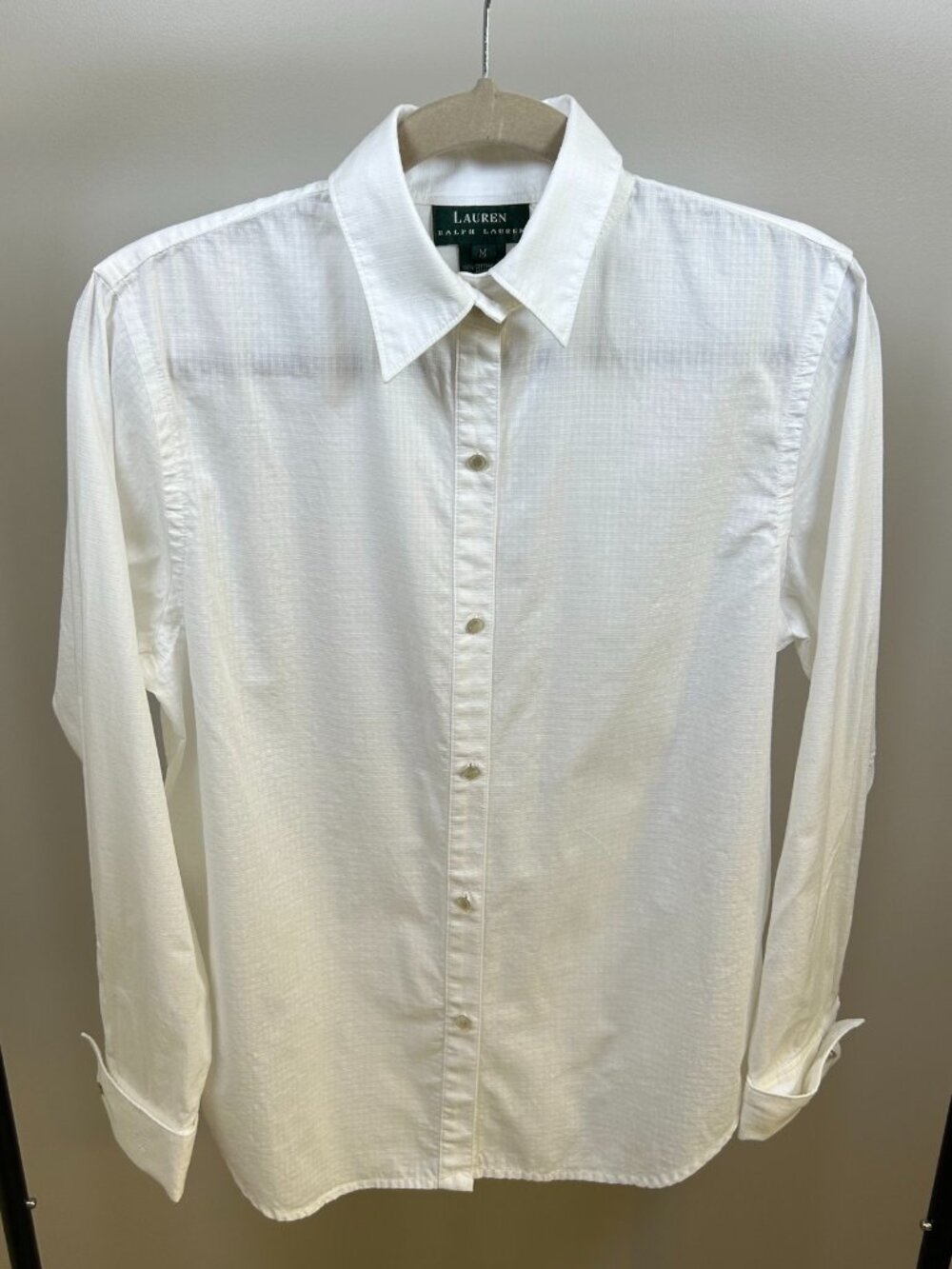 Lauren Ralph Lauren White Button Down Women Shirt Textured Embroidered Monogram